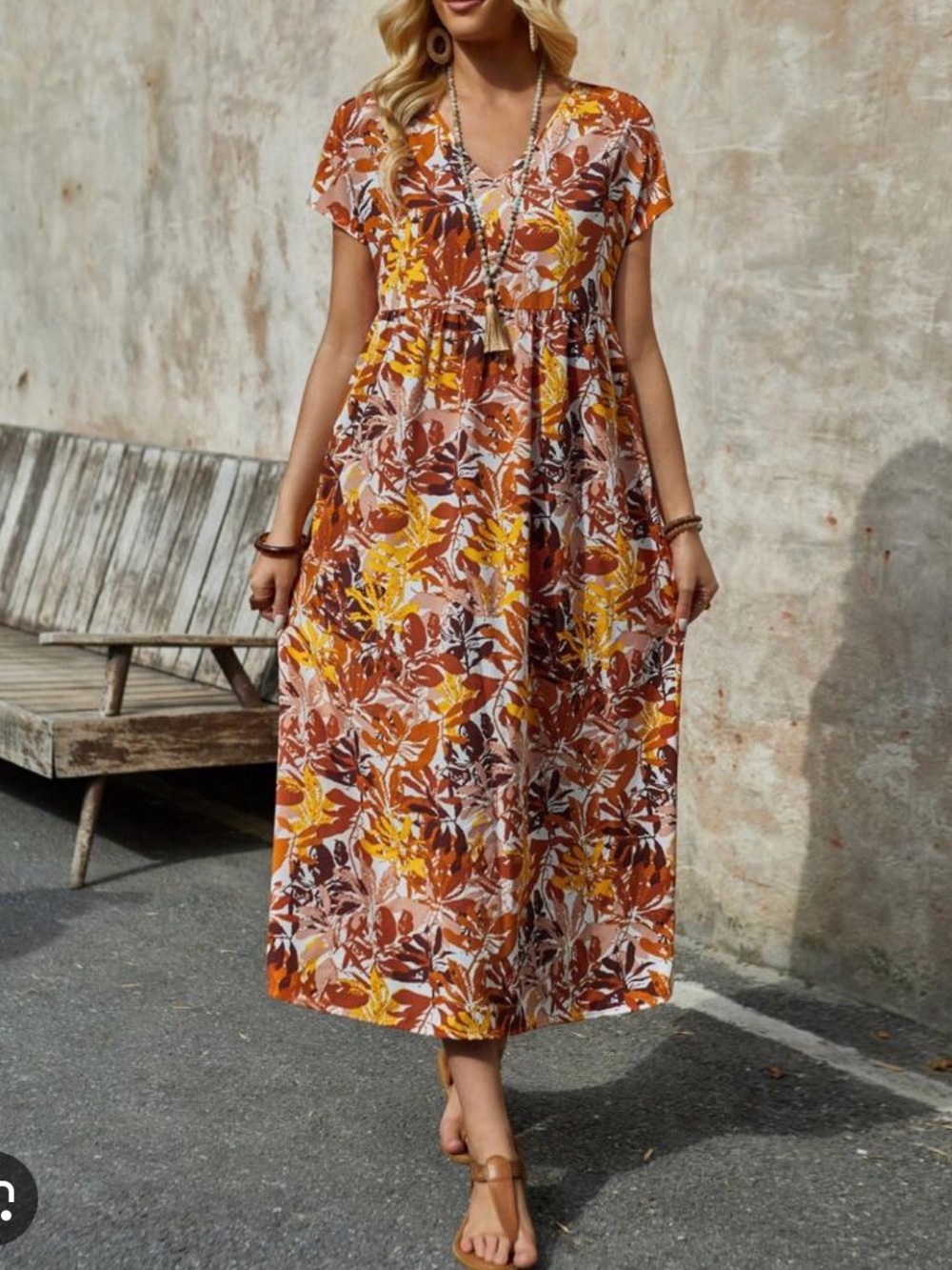 Floral V-Neck Maxi Dress in Rust, Mustard & Cream